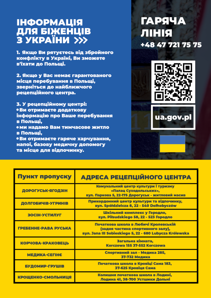 plakat z informacją w języku ukraińskim o infolinii dla uchodźców z Ukrainy