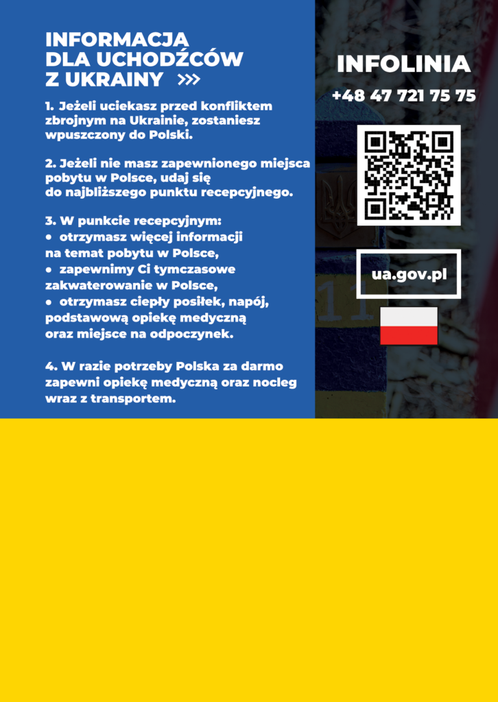 ulotka z informacją w języku polskim o infolinii dla uchodźców z Ukrainy