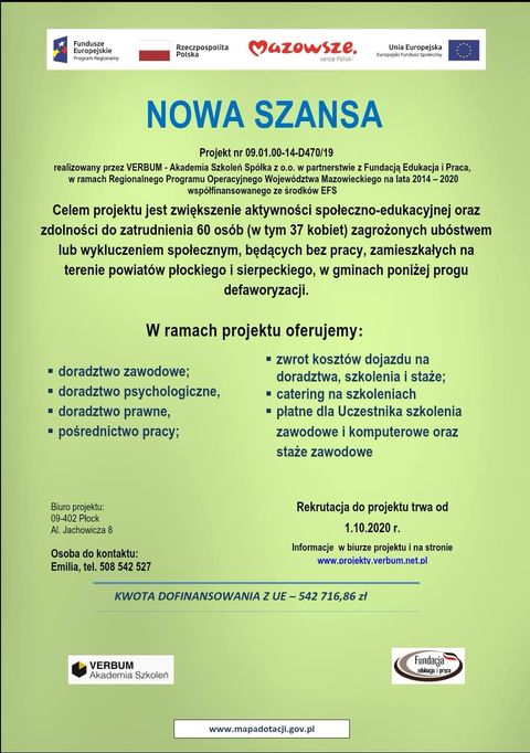 Plakat dot. projektu pn. "NOWA SZANSA"