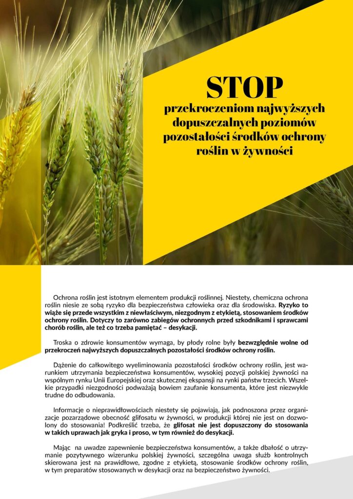 plakat pt. "STOP przekroczeniom najwyższych dopuszczalnych poziomów pozostałości środków ochrony roślin w żywności"