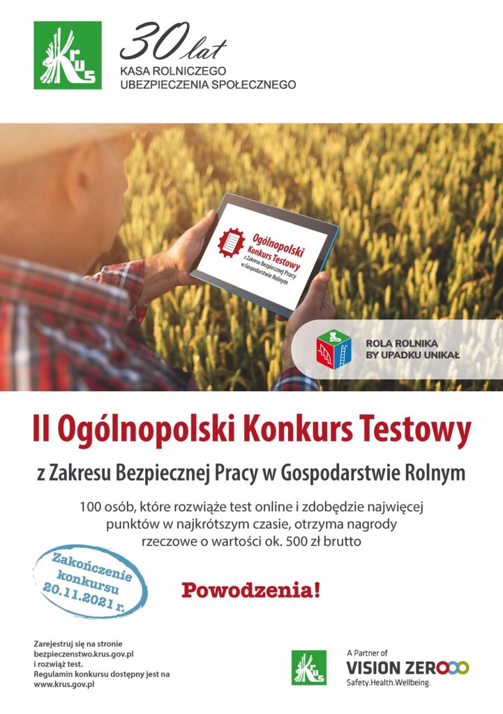 Plakat pt. "II Ogólnopolski Konkurs Testowy z Zakresu Bezpiecznej Pracy w Gospodarstwie Rolnym"