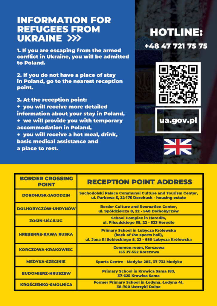 plakat z informacją w języku angielskim o infolinii dla uchodźców z Ukrainy