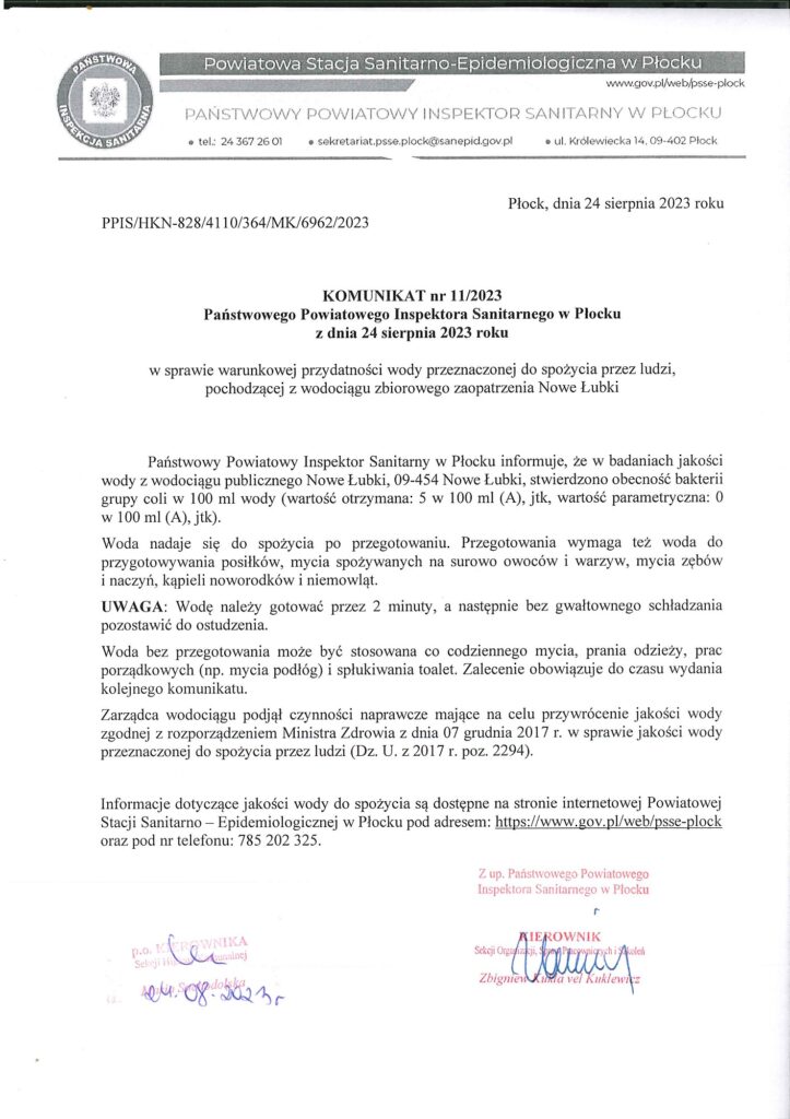KOMUNIKAT nr 11/2023
Państwowego Powiatowego Inspektora Sanitarnego w Płocku
z dnia 24 sierpnia 2023 roku